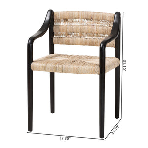 Baxton Studio Bali Handwoven Seagrass Dining Chair With Mahogany Frame, Openwork Back, Sloping Arms, Fully Assembled Onda-Black/Natural Abaca-Wooden-DC