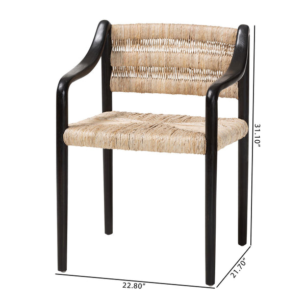 Baxton Studio Bali Handwoven Seagrass Dining Chair With Mahogany Frame, Openwork Back, Sloping Arms, Fully Assembled Onda-Black/Natural Abaca-Wooden-DC