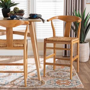 Baxton Studio Bali Fika Counter Stool – Handwoven Seagrass Seat, Mahogany Frame, Wishbone Back & Arms, Boho Chic Fika-Natural Wood/Abaca White Weaving-CS