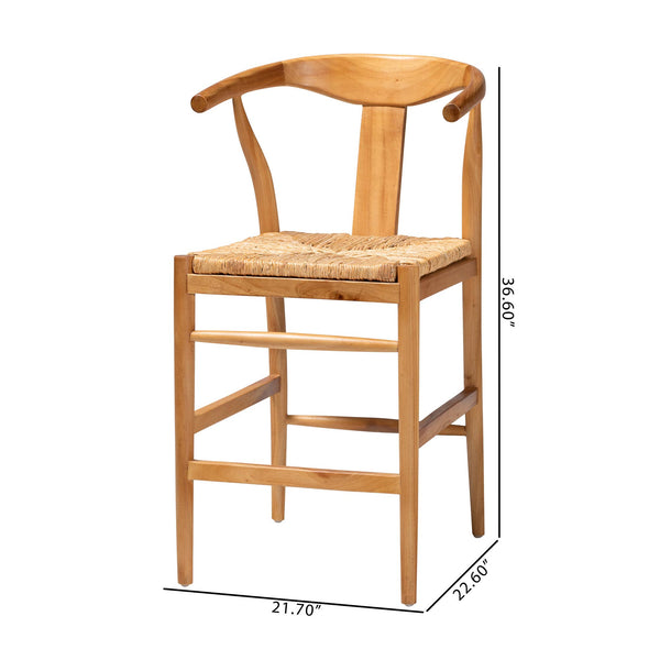 Baxton Studio Bali Fika Counter Stool – Handwoven Seagrass Seat, Mahogany Frame, Wishbone Back & Arms, Boho Chic Fika-Natural Wood/Abaca White Weaving-CS