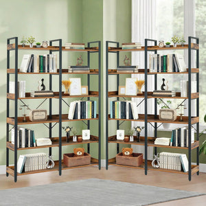 English Elm 6-Tier Industrial Bookshelf 67" Black+Brown Metal Frame with 12 Open Shelves, Edge Guards & Stable Design W3204P354206