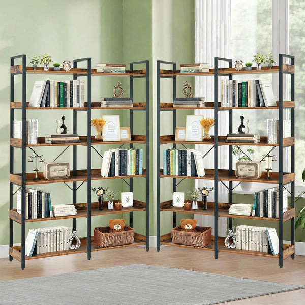 English Elm 6-Tier Industrial Bookshelf 67" Black+Brown Metal Frame with 12 Open Shelves, Edge Guards & Stable Design W3204P354206