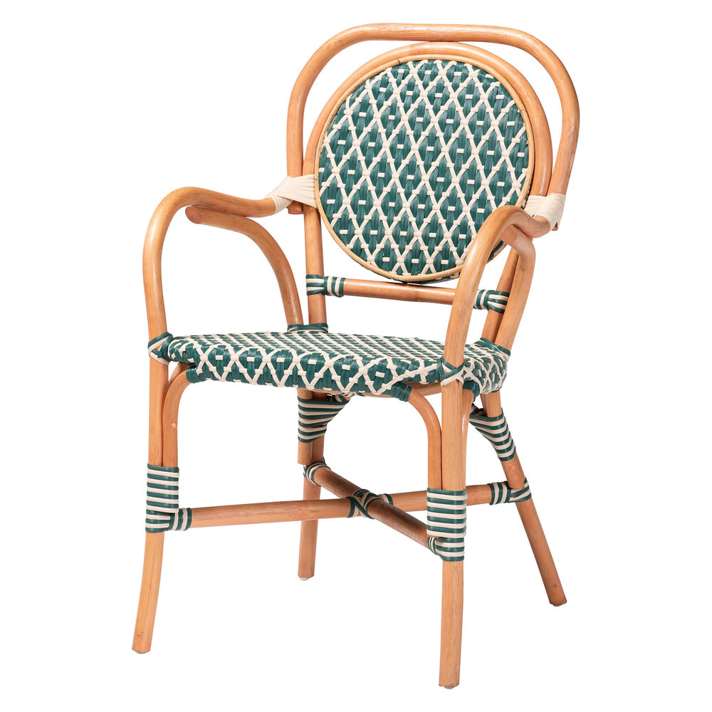 Baxton Studio Bali Mattie Rattan Bistro Chair - Handwoven Boho Café Dining Seat With Curved Arms & Sturdy Crisscross Base Natural Brown/Green/White Mattie-Rattan-Green/White-Arm-DC