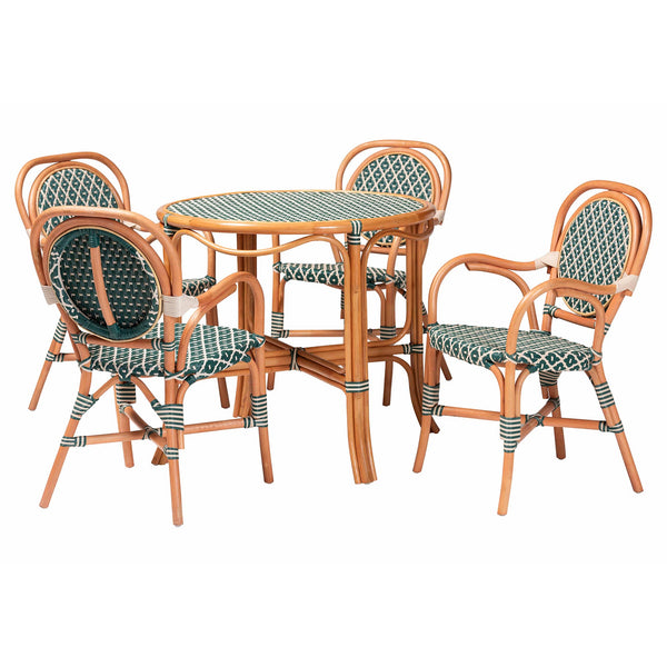 Baxton Studio Bali Mattie Rattan Bistro Set - Handcrafted 5-Piece Round Table And 4 Armchairs For Cozy Patio Dining Natural Brown/Green/White Mattie-Rattan-Green/White-5PC Dining Set