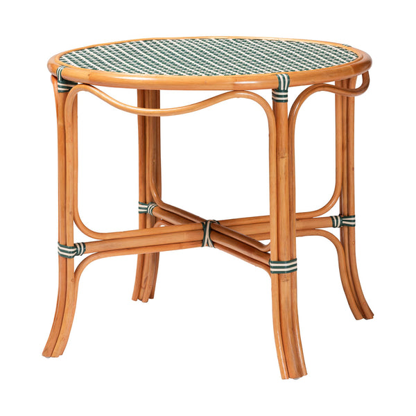 Baxton Studio Bali Mattie Rattan Bistro Set - Handcrafted 5-Piece Round Table And 4 Armchairs For Cozy Patio Dining Natural Brown/Green/White Mattie-Rattan-Green/White-5PC Dining Set