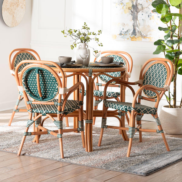 Baxton Studio Bali Mattie Rattan Bistro Set - Handcrafted 5-Piece Round Table And 4 Armchairs For Cozy Patio Dining Natural Brown/Green/White Mattie-Rattan-Green/White-5PC Dining Set