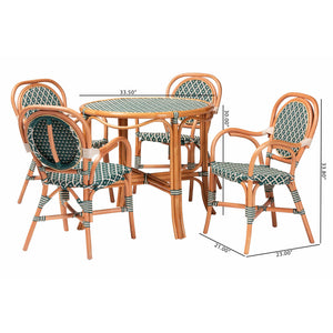 Baxton Studio Bali Mattie Rattan Bistro Set - Handcrafted 5-Piece Round Table And 4 Armchairs For Cozy Patio Dining Natural Brown/Green/White Mattie-Rattan-Green/White-5PC Dining Set