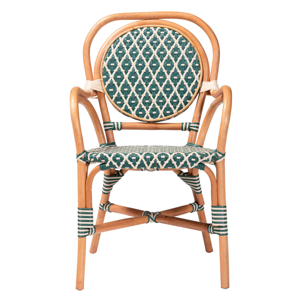 Baxton Studio Bali Mattie Rattan Bistro Chair - Handwoven Boho Café Dining Seat With Curved Arms & Sturdy Crisscross Base Natural Brown/Green/White Mattie-Rattan-Green/White-Arm-DC
