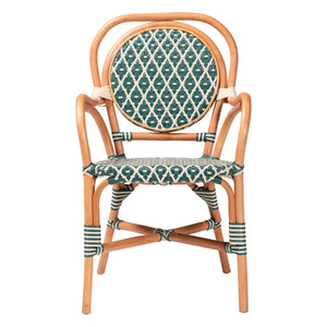 Baxton Studio Bali Mattie Rattan Bistro Chair - Handwoven Boho Café Dining Seat With Curved Arms & Sturdy Crisscross Base Natural Brown/Green/White Mattie-Rattan-Green/White-Arm-DC