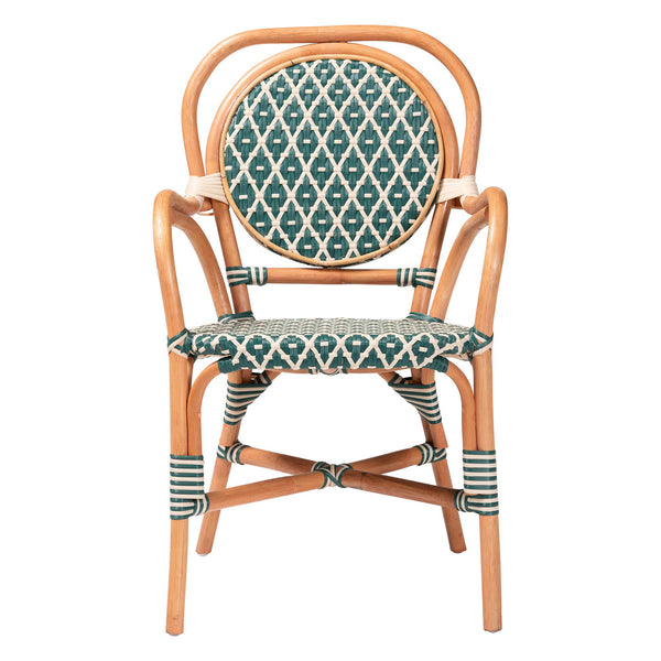 Baxton Studio Bali Mattie Rattan Bistro Chair - Handwoven Boho Café Dining Seat With Curved Arms & Sturdy Crisscross Base Natural Brown/Green/White Mattie-Rattan-Green/White-Arm-DC