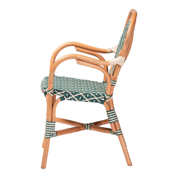 Baxton Studio Bali Mattie Rattan Bistro Chair - Handwoven Boho Café Dining Seat With Curved Arms & Sturdy Crisscross Base Natural Brown/Green/White Mattie-Rattan-Green/White-Arm-DC