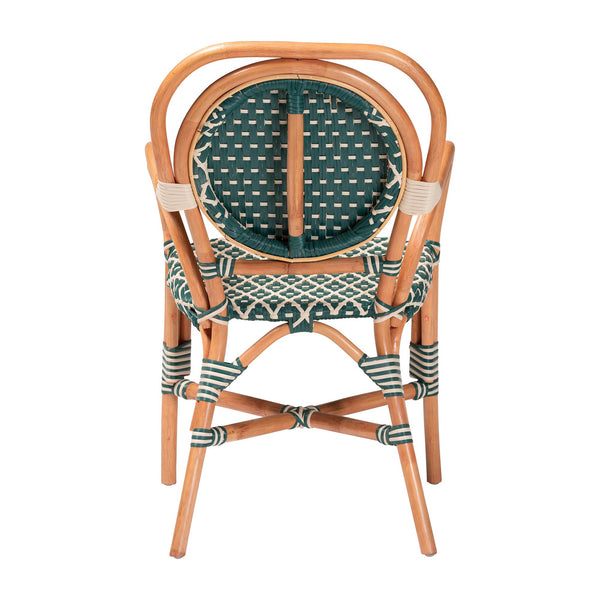 Baxton Studio Bali Mattie Rattan Bistro Chair - Handwoven Boho Café Dining Seat With Curved Arms & Sturdy Crisscross Base Natural Brown/Green/White Mattie-Rattan-Green/White-Arm-DC