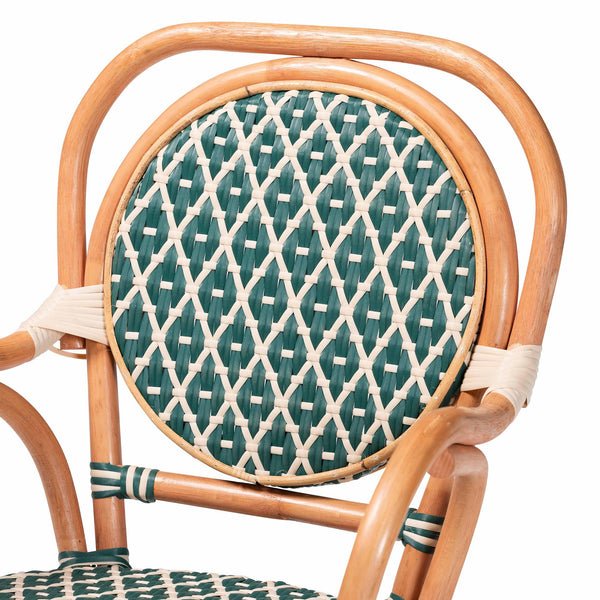 Baxton Studio Bali Mattie Rattan Bistro Chair - Handwoven Boho Café Dining Seat With Curved Arms & Sturdy Crisscross Base Natural Brown/Green/White Mattie-Rattan-Green/White-Arm-DC