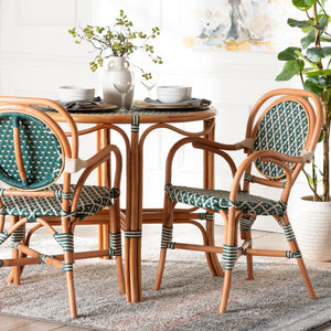 Baxton Studio Bali Mattie Rattan Bistro Chair - Handwoven Boho Café Dining Seat With Curved Arms & Sturdy Crisscross Base Natural Brown/Green/White Mattie-Rattan-Green/White-Arm-DC