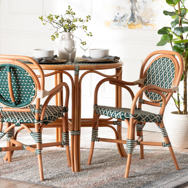 Baxton Studio Bali Mattie Rattan Bistro Chair - Handwoven Boho Café Dining Seat With Curved Arms & Sturdy Crisscross Base Natural Brown/Green/White Mattie-Rattan-Green/White-Arm-DC