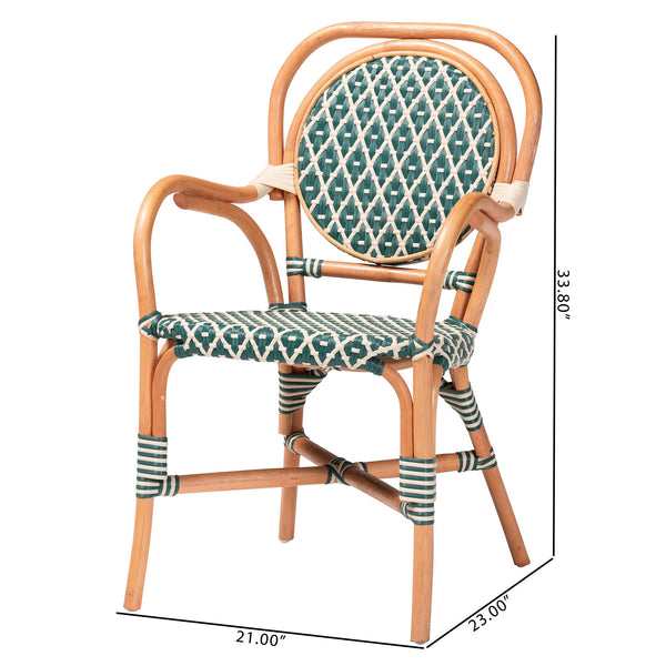 Baxton Studio Bali Mattie Rattan Bistro Chair - Handwoven Boho Café Dining Seat With Curved Arms & Sturdy Crisscross Base Natural Brown/Green/White Mattie-Rattan-Green/White-Arm-DC