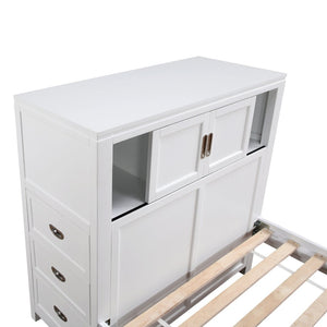 English Elm Gray Twin Platform Bed with Bookcase Headboard Hidden Desk Stool and Footboard Bench White B011S02324