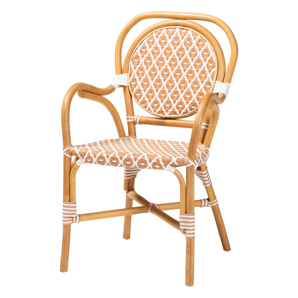 Baxton Studio Bali Mattie Rattan Bistro Chair With Curved Arms, Handwoven Pe-Rattan Accents, Ready-To-Use Indoor/Patio Seating Natural Brown/Beige/White Mattie-Rattan-Beige/White-Arm-DC