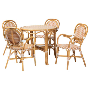 Baxton Studio Bali Mattie Rattan Bistro Set - Handcrafted 5-Piece Round Table And 4 Armchairs For Cozy Patio Dining Natural Brown/Beige/White Mattie-Rattan-Beige/White-5PC Dining Set