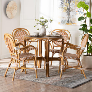 Baxton Studio Bali Mattie Rattan Bistro Set - Handcrafted 5-Piece Round Table And 4 Armchairs For Cozy Patio Dining Natural Brown/Beige/White Mattie-Rattan-Beige/White-5PC Dining Set