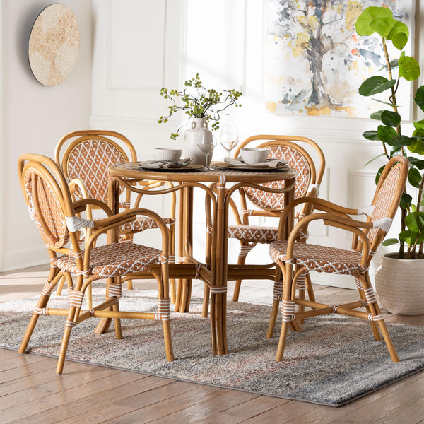 Baxton Studio Bali Mattie Rattan Bistro Set - Handcrafted 5-Piece Round Table And 4 Armchairs For Cozy Patio Dining Natural Brown/Beige/White Mattie-Rattan-Beige/White-5PC Dining Set