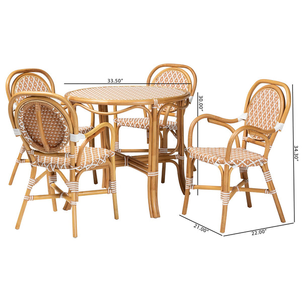 Baxton Studio Bali Mattie Rattan Bistro Set - Handcrafted 5-Piece Round Table And 4 Armchairs For Cozy Patio Dining Natural Brown/Beige/White Mattie-Rattan-Beige/White-5PC Dining Set