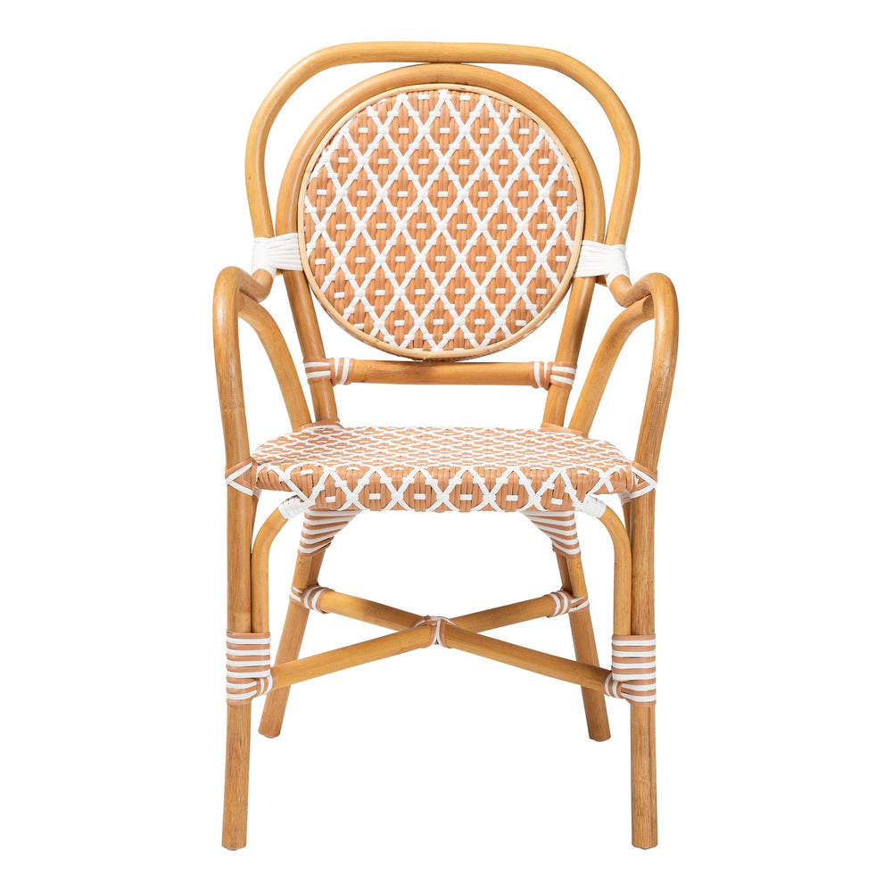 Baxton Studio Bali Mattie Rattan Bistro Chair With Curved Arms, Handwoven Pe-Rattan Accents, Ready-To-Use Indoor/Patio Seating Natural Brown/Beige/White Mattie-Rattan-Beige/White-Arm-DC