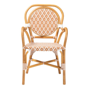 Baxton Studio Bali Mattie Rattan Bistro Chair With Curved Arms, Handwoven Pe-Rattan Accents, Ready-To-Use Indoor/Patio Seating Natural Brown/Beige/White Mattie-Rattan-Beige/White-Arm-DC