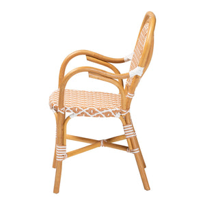 Baxton Studio Bali Mattie Rattan Bistro Chair With Curved Arms, Handwoven Pe-Rattan Accents, Ready-To-Use Indoor/Patio Seating Natural Brown/Beige/White Mattie-Rattan-Beige/White-Arm-DC