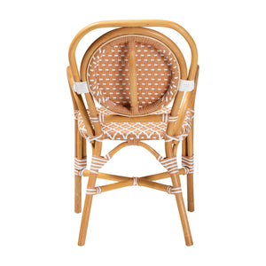 Baxton Studio Bali Mattie Rattan Bistro Chair With Curved Arms, Handwoven Pe-Rattan Accents, Ready-To-Use Indoor/Patio Seating Natural Brown/Beige/White Mattie-Rattan-Beige/White-Arm-DC
