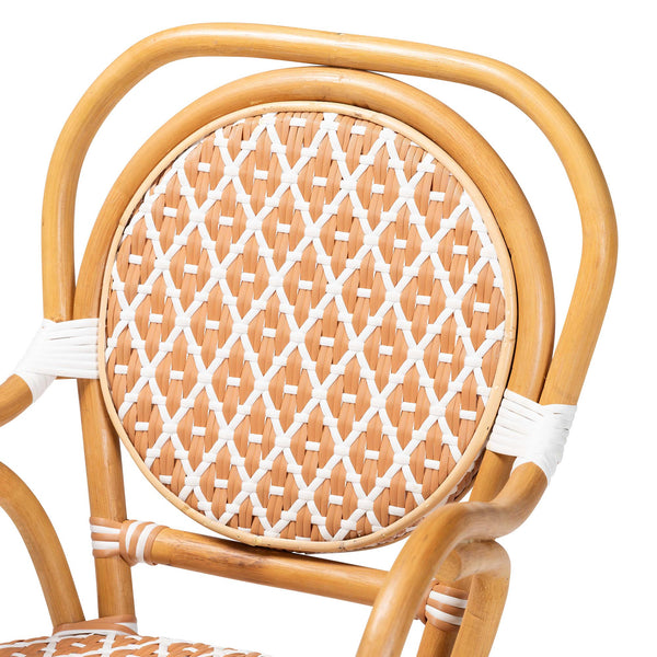 Baxton Studio Bali Mattie Rattan Bistro Chair With Curved Arms, Handwoven Pe-Rattan Accents, Ready-To-Use Indoor/Patio Seating Natural Brown/Beige/White Mattie-Rattan-Beige/White-Arm-DC