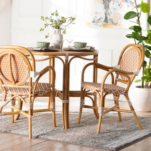 Baxton Studio Bali Mattie Rattan Bistro Chair With Curved Arms, Handwoven Pe-Rattan Accents, Ready-To-Use Indoor/Patio Seating Natural Brown/Beige/White Mattie-Rattan-Beige/White-Arm-DC