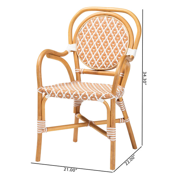 Baxton Studio Bali Mattie Rattan Bistro Chair With Curved Arms, Handwoven Pe-Rattan Accents, Ready-To-Use Indoor/Patio Seating Natural Brown/Beige/White Mattie-Rattan-Beige/White-Arm-DC