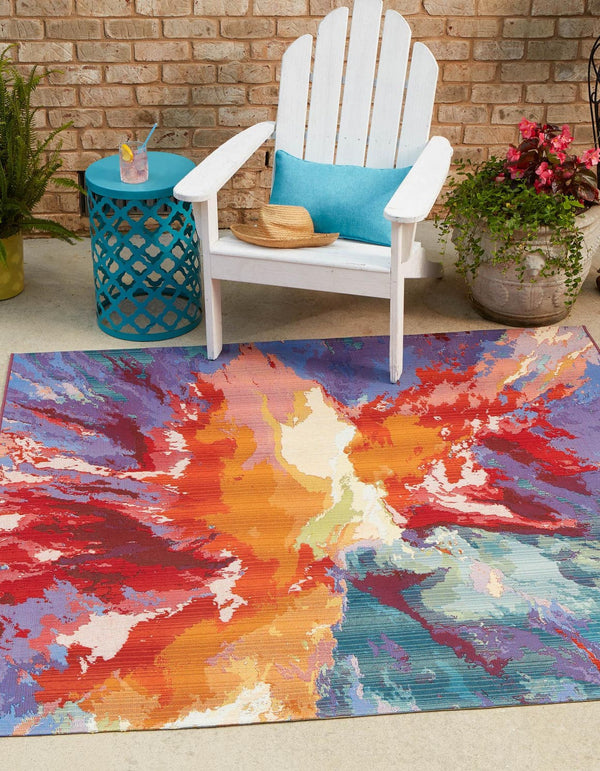 Unique Loom Outdoor Modern Monteverde Machine Made Abstract Rug Multi, Green/Light Blue/Light Green/Olive/Orange/Peach/Purple/Red/Rust Red/Yellow/Pink/Violet/Blue 6' 0" x 6' 0"