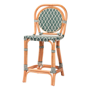 Baxton Studio Bali Mattie Rattan Counter Stool — Handwoven Boho Coastal Bar Seating With Backrest & Footrest Natural Brown/Green/White Mattie-Rattan-Green/White-No Arm-CS