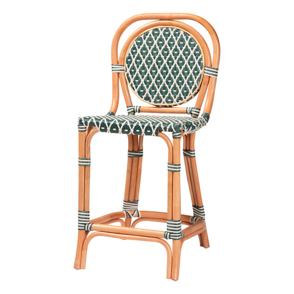 Baxton Studio Bali Mattie Rattan Counter Stool — Handwoven Boho Coastal Bar Seating With Backrest & Footrest Natural Brown/Green/White Mattie-Rattan-Green/White-No Arm-CS