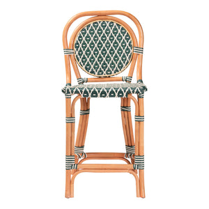 Baxton Studio Bali Mattie Rattan Counter Stool — Handwoven Boho Coastal Bar Seating With Backrest & Footrest Natural Brown/Green/White Mattie-Rattan-Green/White-No Arm-CS