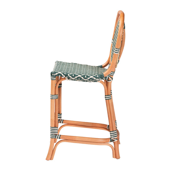 Baxton Studio Bali Mattie Rattan Counter Stool — Handwoven Boho Coastal Bar Seating With Backrest & Footrest Natural Brown/Green/White Mattie-Rattan-Green/White-No Arm-CS