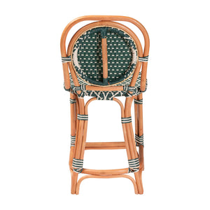 Baxton Studio Bali Mattie Rattan Counter Stool — Handwoven Boho Coastal Bar Seating With Backrest & Footrest Natural Brown/Green/White Mattie-Rattan-Green/White-No Arm-CS