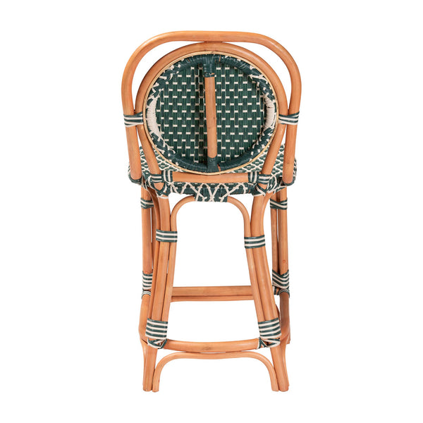 Baxton Studio Bali Mattie Rattan Counter Stool — Handwoven Boho Coastal Bar Seating With Backrest & Footrest Natural Brown/Green/White Mattie-Rattan-Green/White-No Arm-CS