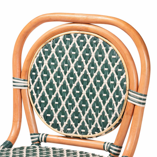 Baxton Studio Bali Mattie Rattan Counter Stool — Handwoven Boho Coastal Bar Seating With Backrest & Footrest Natural Brown/Green/White Mattie-Rattan-Green/White-No Arm-CS