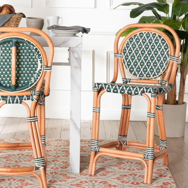 Baxton Studio Bali Mattie Rattan Counter Stool — Handwoven Boho Coastal Bar Seating With Backrest & Footrest Natural Brown/Green/White Mattie-Rattan-Green/White-No Arm-CS