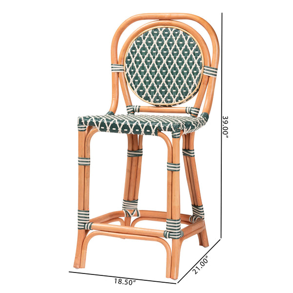 Baxton Studio Bali Mattie Rattan Counter Stool — Handwoven Boho Coastal Bar Seating With Backrest & Footrest Natural Brown/Green/White Mattie-Rattan-Green/White-No Arm-CS