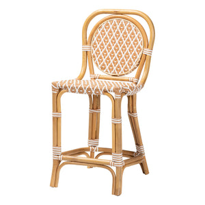 Baxton Studio Bali Mattie Rattan Counter Stool — Handwoven Boho Coastal Bar Seating With Backrest & Footrest Natural Brown/Beige/White Mattie-Rattan-Beige/White-No Arm-CS