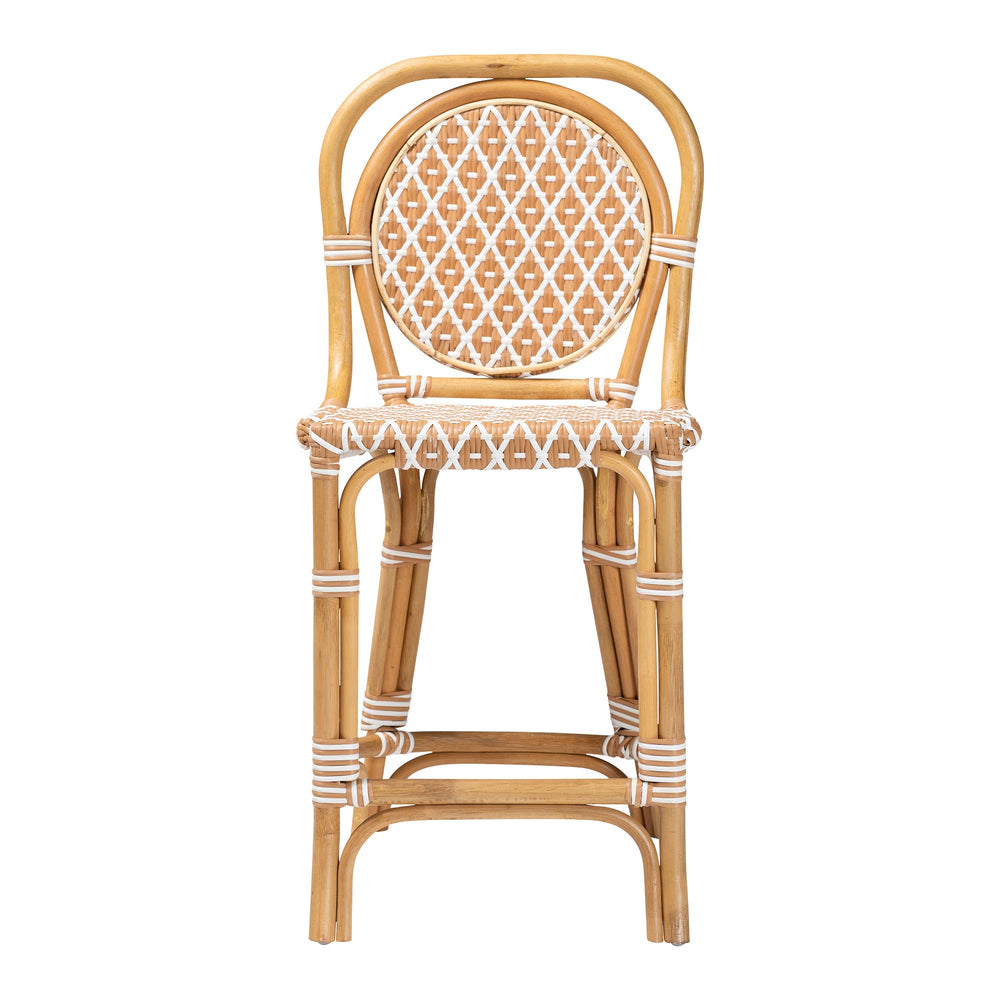 Baxton Studio Bali Mattie Rattan Counter Stool — Handwoven Boho Coastal Bar Seating With Backrest & Footrest Natural Brown/Beige/White Mattie-Rattan-Beige/White-No Arm-CS