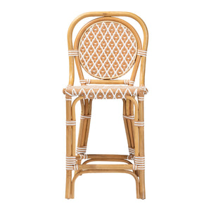 Baxton Studio Bali Mattie Rattan Counter Stool — Handwoven Boho Coastal Bar Seating With Backrest & Footrest Natural Brown/Beige/White Mattie-Rattan-Beige/White-No Arm-CS