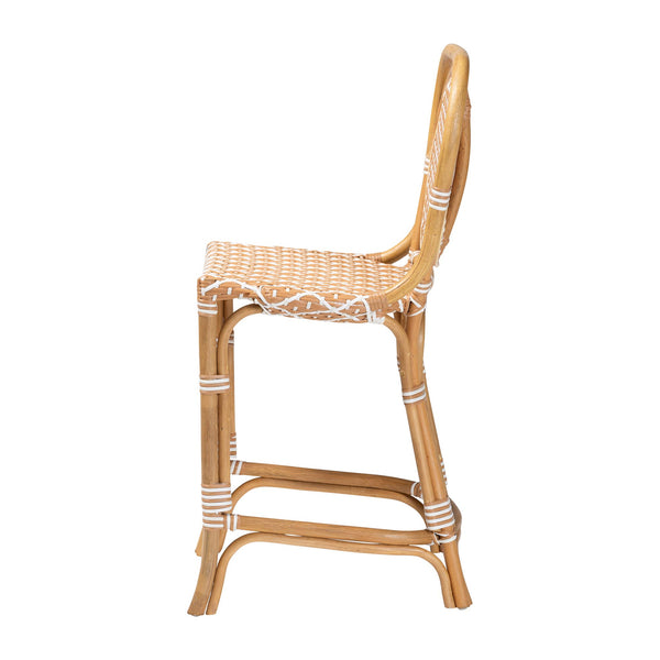 Baxton Studio Bali Mattie Rattan Counter Stool — Handwoven Boho Coastal Bar Seating With Backrest & Footrest Natural Brown/Beige/White Mattie-Rattan-Beige/White-No Arm-CS