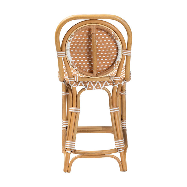 Baxton Studio Bali Mattie Rattan Counter Stool — Handwoven Boho Coastal Bar Seating With Backrest & Footrest Natural Brown/Beige/White Mattie-Rattan-Beige/White-No Arm-CS