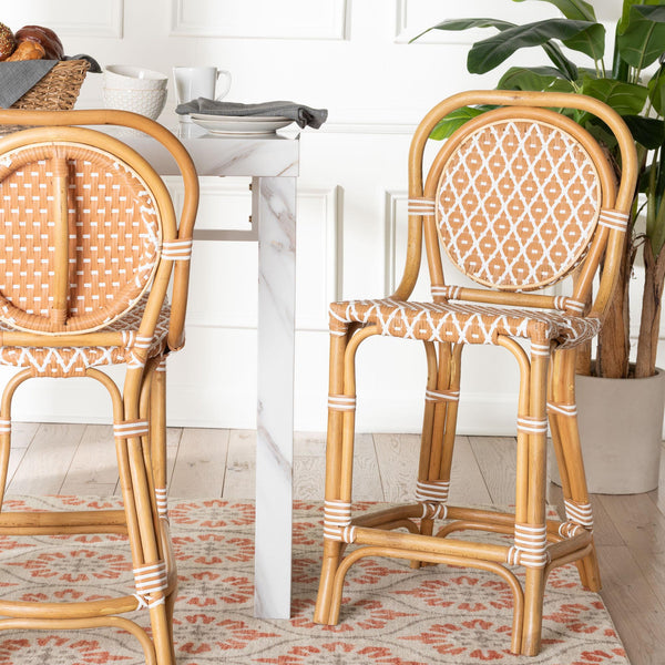 Baxton Studio Bali Mattie Rattan Counter Stool — Handwoven Boho Coastal Bar Seating With Backrest & Footrest Natural Brown/Beige/White Mattie-Rattan-Beige/White-No Arm-CS