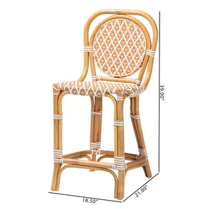 Baxton Studio Bali Mattie Rattan Counter Stool — Handwoven Boho Coastal Bar Seating With Backrest & Footrest Natural Brown/Beige/White Mattie-Rattan-Beige/White-No Arm-CS